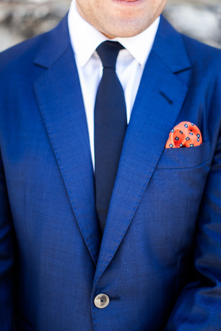Groom Royal Blue Suit White Shirt Dark Blue Tie Orange Pocket Square Beautiful Pink Blue Tuscany Villa Wedding http://www.chloemurdochphotography.com/