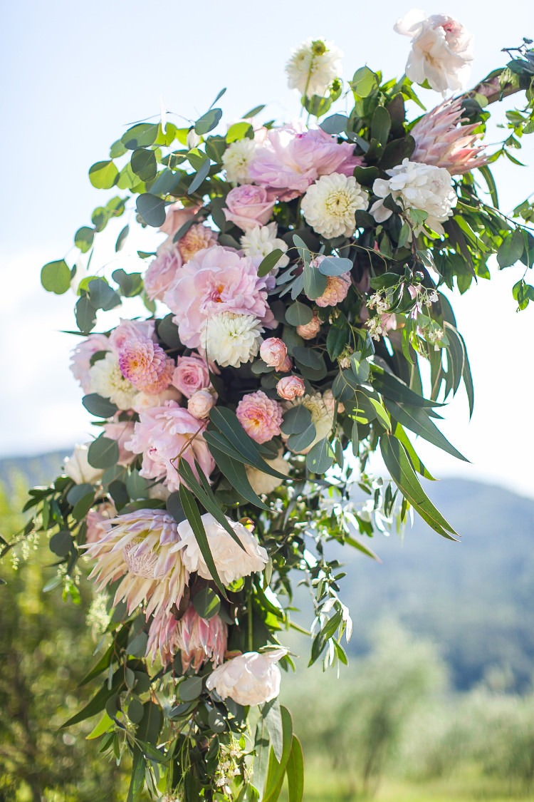 Outdoor Ceremony Floral Arch White Pink Flowers Eucalyptus Beautiful Pink Blue Tuscany Villa Wedding http://www.chloemurdochphotography.com/