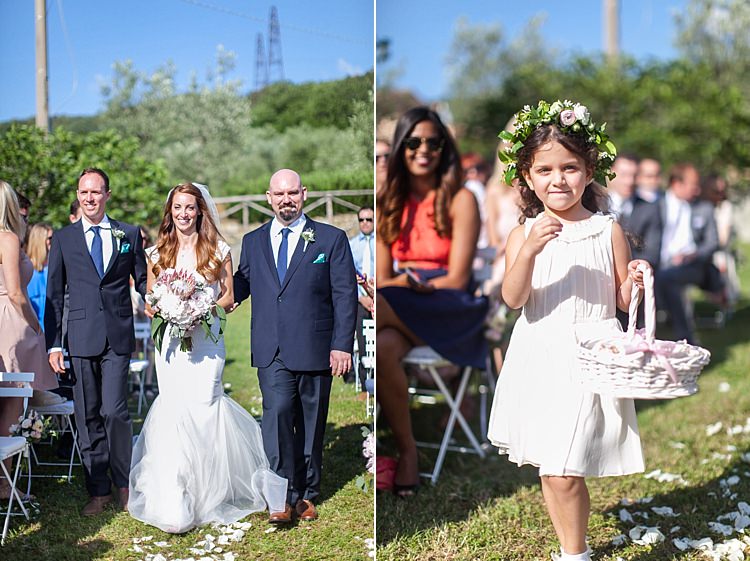 Outdoor Ceremony Flower Girl Floral Crown Bride Lace Mermaid Two Piece Bridal Gown Bouquet Entrance Guests Beautiful Pink Blue Tuscany Villa Wedding http://www.chloemurdochphotography.com/