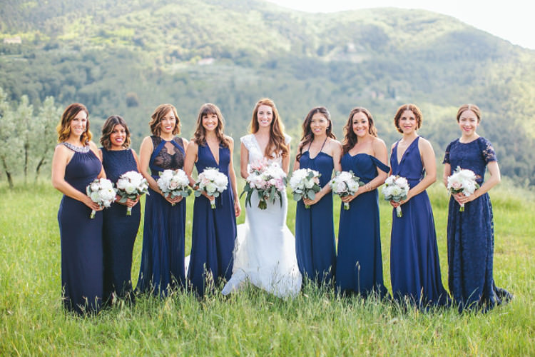 Bride Lace Two Piece Mermaid Bridal Gown Bridesmaids Dark Blue Dresses Different Styles Bouquets White Pink Florals Beautiful Pink Blue Tuscany Villa Wedding http://www.chloemurdochphotography.com/