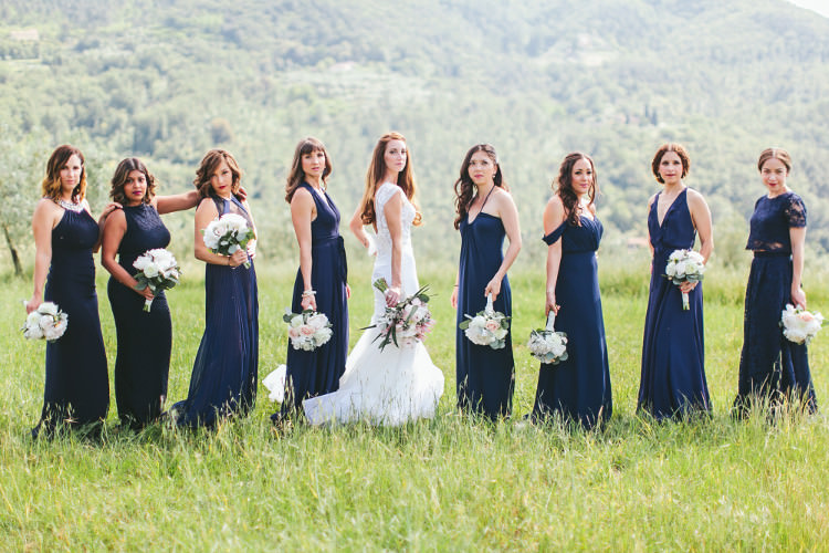 Bride Lace Two Piece Mermaid Bridal Gown Bridesmaids Dark Blue Dresses Different Styles Bouquets White Pink Florals Beautiful Pink Blue Tuscany Villa Wedding http://www.chloemurdochphotography.com/