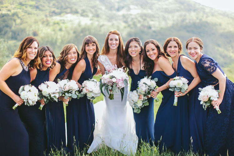 Bride Lace Mermaid Two Piece Bridal Gown Bridesmaids Dark Blue Dresses Different Styles Bouquets White Pink Florals Beautiful Pink Blue Tuscany Villa Wedding http://www.chloemurdochphotography.com/