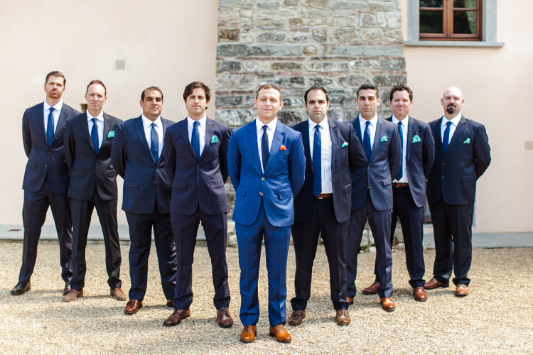 Groom Royal Blue Suit White Shirt Dark Blue Tie Orange Pocket Square Groomsmen Dark Blue Suits White Shirts Royal Blue Ties Green Pocket Squares Beautiful Pink Blue Tuscany Villa Wedding http://www.chloemurdochphotography.com/