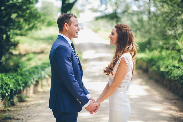 Bride Lace Two Piece Mermaid Bridal Gown Groom Royal Blue Suit White Shirt Dark Blue Tie Orange Pocket Square Beautiful Pink Blue Tuscany Villa Wedding http://www.chloemurdochphotography.com/