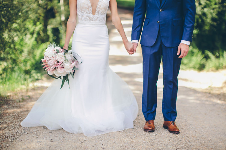 Bride Lace Two Piece Mermaid Bridal Gown White Pink Bouquet Protea Peonies Eucalyptus Groom Royal Blue Suit White Shirt Dark Blue Tie Tan Shoes Beautiful Pink Blue Tuscany Villa Wedding http://www.chloemurdochphotography.com/
