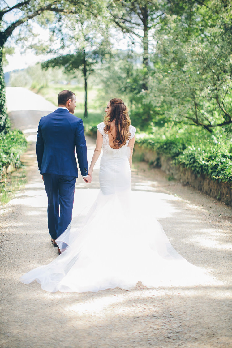 Bride Lace Two Piece Mermaid Bridal Gown Groom Royal Blue Suit White Shirt Dark Blue Tie Beautiful Pink Blue Tuscany Villa Wedding http://www.chloemurdochphotography.com/