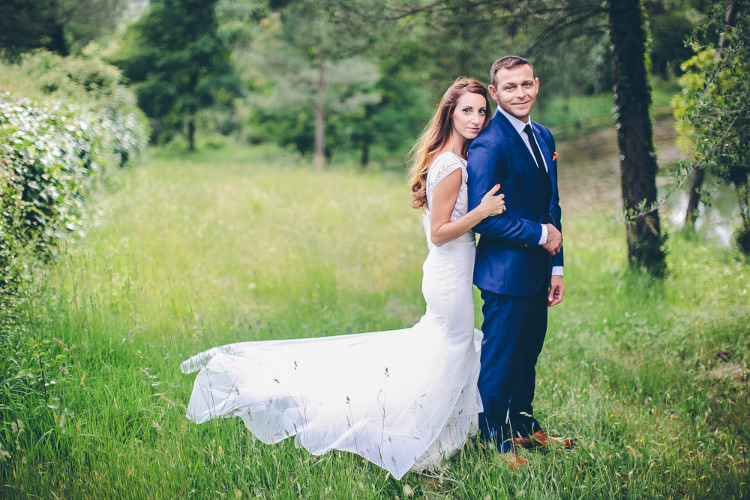 Bride Lace Two Piece Mermaid Bridal Gown Groom Royal Blue Suit White Shirt Dark Blue Tie Orange Pocket Square Beautiful Pink Blue Tuscany Villa Wedding http://www.chloemurdochphotography.com/