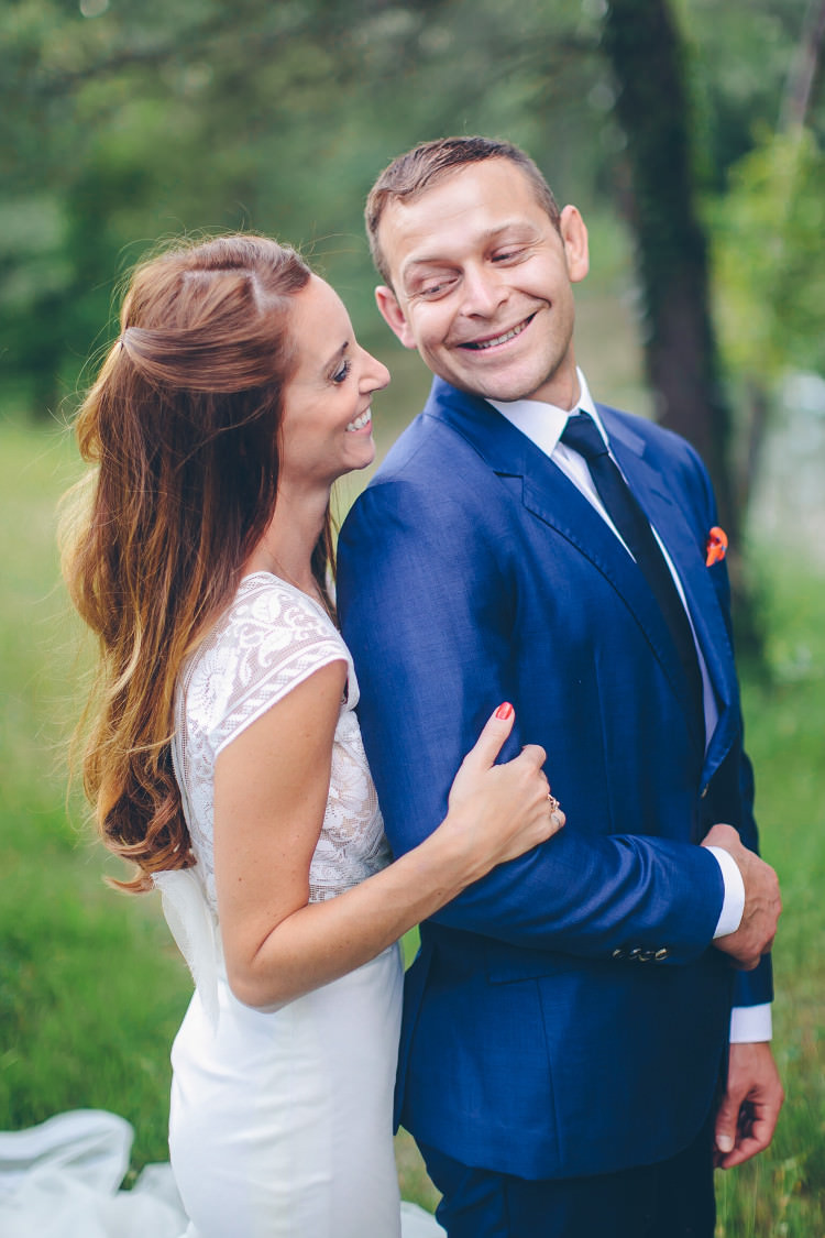 Bride Lace Two Piece Mermaid Bridal Gown Groom Royal Blue Suit White Shirt Dark Blue Tie Orange Pocket Square Beautiful Pink Blue Tuscany Villa Wedding http://www.chloemurdochphotography.com/
