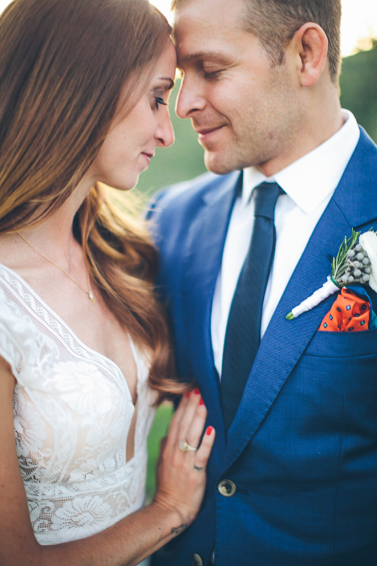 Bride Lace Two Piece Mermaid Bridal Gown Groom Royal Blue Suit White Shirt Dark Blue Tie Orange Pocket Square Beautiful Pink Blue Tuscany Villa Wedding http://www.chloemurdochphotography.com/