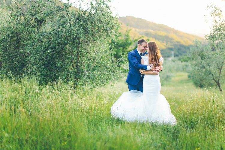 Bride Lace Two Piece Mermaid Bridal Gown Groom Royal Blue Suit White Shirt Dark Blue Tie Orange Pocket Square Beautiful Pink Blue Tuscany Villa Wedding http://www.chloemurdochphotography.com/