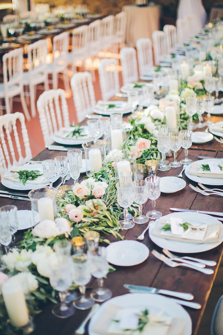 Reception Table Setting Wooden Table White Pink Florals Greenery Crystal Candle Holders Beautiful Pink Blue Tuscany Villa Wedding http://www.chloemurdochphotography.com/