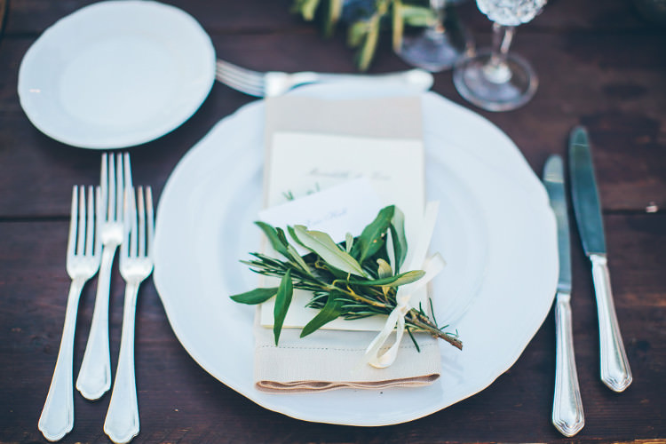 Reception Table Setting Wooden Table White Plate Silver Cutlery Eucalyptus White Ribbon Beautiful Pink Blue Tuscany Villa Wedding http://www.chloemurdochphotography.com/