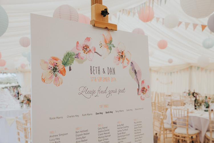 Floral Seating Plan Chart Table Pastel Beautiful Flowery Country Marquee Wedding http://www.maddiefarrisphotography.co.uk/