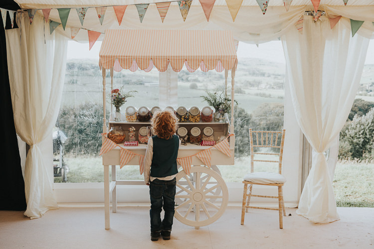 Sweets Sweetie Table Cart Beautiful Flowery Country Marquee Wedding http://www.maddiefarrisphotography.co.uk/
