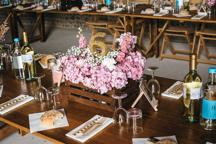 Wooden Box Flowers Rustic Hydrangeas Decor Gorgeous Home Made Pink Gold Barn Wedding http://www.bethmoseleyphotography.co.uk/