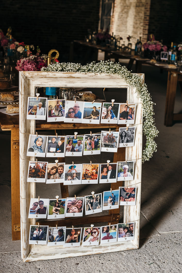 Photo Wall Polariod Pegs Twine Frame Decor Gorgeous Home Made Pink Gold Barn Wedding http://www.bethmoseleyphotography.co.uk/