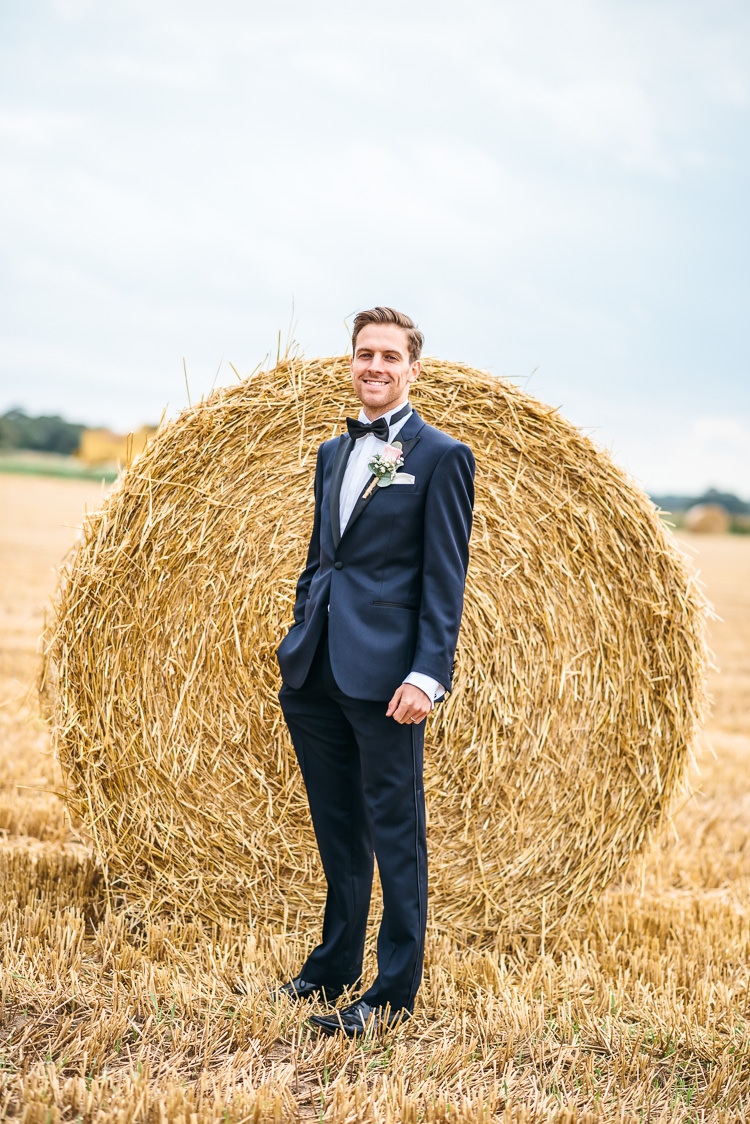 Navy Suit Tuxedo Groom Bow Tie Gorgeous Home Made Pink Gold Barn Wedding http://www.bethmoseleyphotography.co.uk/