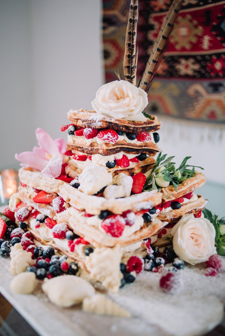 Waffle Wedding Cake Berries Fruit Flowers Bohemian Styled Vow Renewal https://libertypearlphotography.com/
