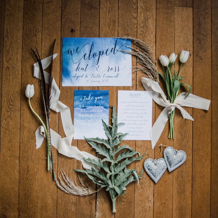 Stationery Calligraphy Blue Watercolour Wedding Elopement Bohemian Styled Vow Renewal https://libertypearlphotography.com/