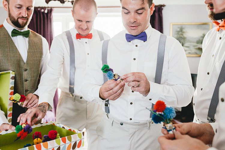 Wool Pom Pom Buttonholes All Things Big Bright Beautiful Multicolour Wedding http://benjaminmathers.co.uk/