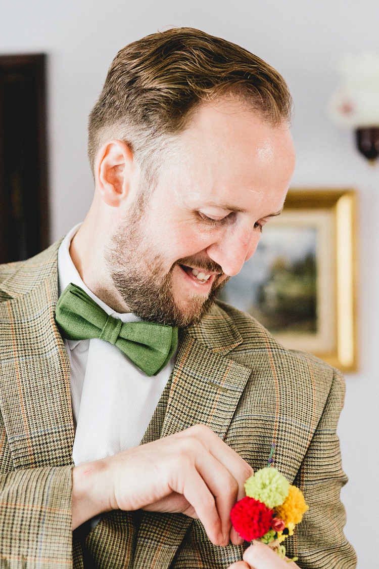 Pom Pom Buttonhole Groom Bow Tie All Things Big Bright Beautiful Multicolour Wedding http://benjaminmathers.co.uk/
