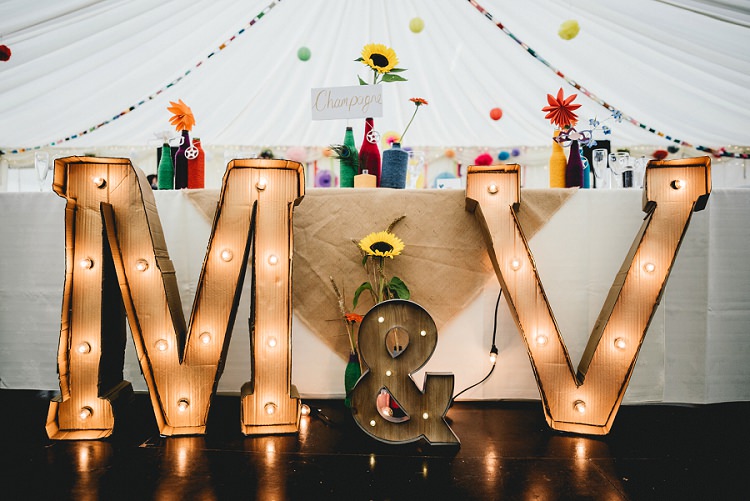 Cardboard Letter Lights DIY All Things Big Bright Beautiful Multicolour Wedding http://benjaminmathers.co.uk/