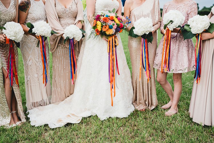 Bridesmaids White Hydrangea Bouquet Flowers Rainbow Pom Poms Ribbons Bride Bridal Sunflowers Gerbera Dahlia All Things Big Bright Beautiful Multicolour Wedding http://benjaminmathers.co.uk/