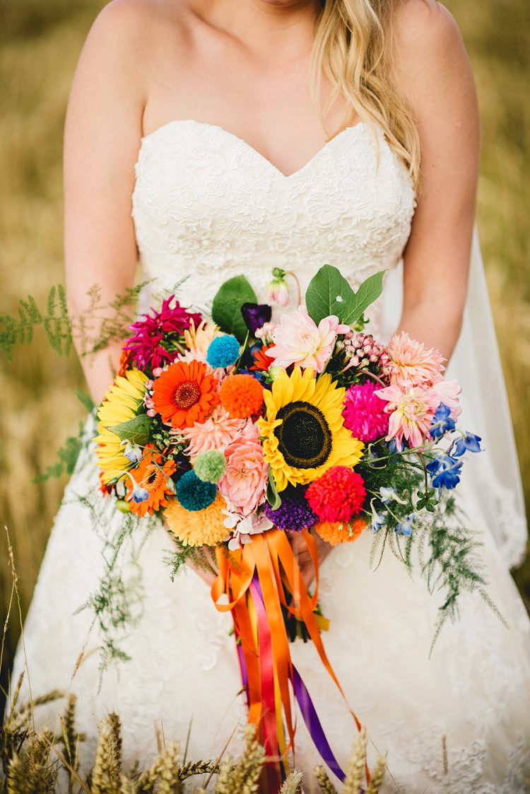 Bouquet Flowers Rainbow Pom Poms Ribbons Bride Bridal Sunflowers Gerbera Dahlia All Things Big Bright Beautiful Multicolour Wedding http://benjaminmathers.co.uk/