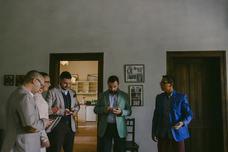 Groom Light Blue Shirt Light Brown Jacket Dark Brown Pants Patterned Bowtie Ceremony Preparations Natural Greenery Stylish Wedding Transylvania https://raresion.com/