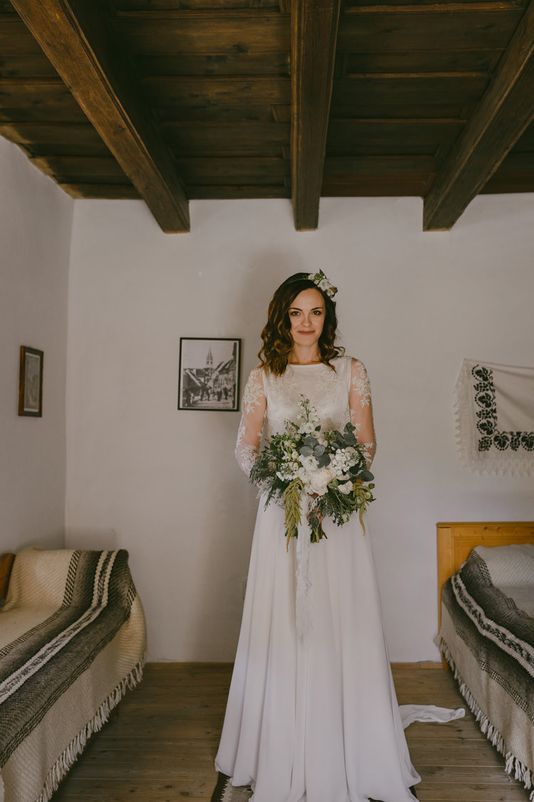 Bride Two Piece Lace Bridal Gown Floral Headpiece Bouquet White Green Florals Natural Greenery Stylish Wedding Transylvania https://raresion.com/