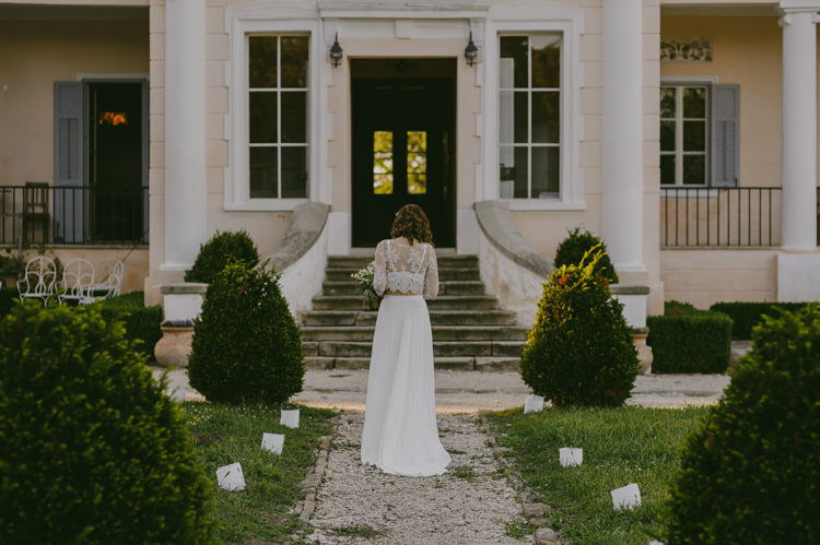 Bride Two Piece Lace Bridal Gown Floral Hairpiece Bouquet White Florals Greenery Natural Greenery Stylish Wedding Transylvania https://raresion.com/