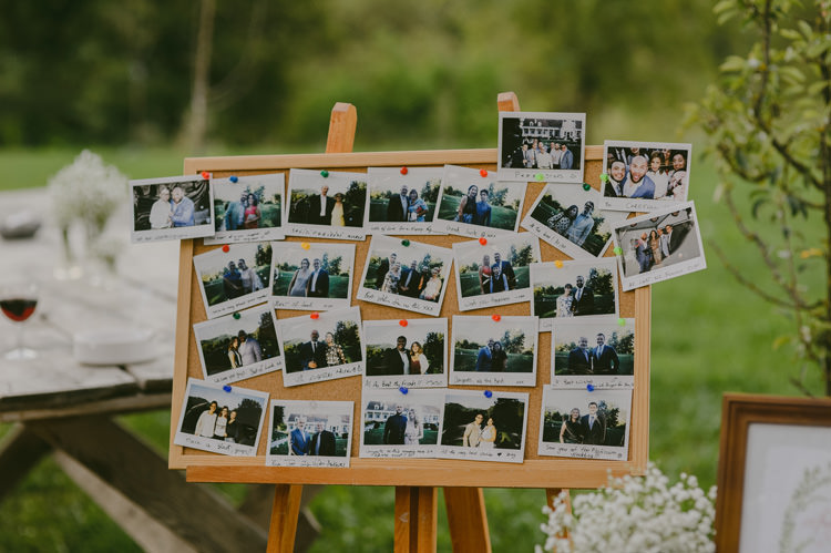 Reception Guest Polaroid Photos Wooden Frame Easel Natural Greenery Stylish Wedding Transylvania https://raresion.com/
