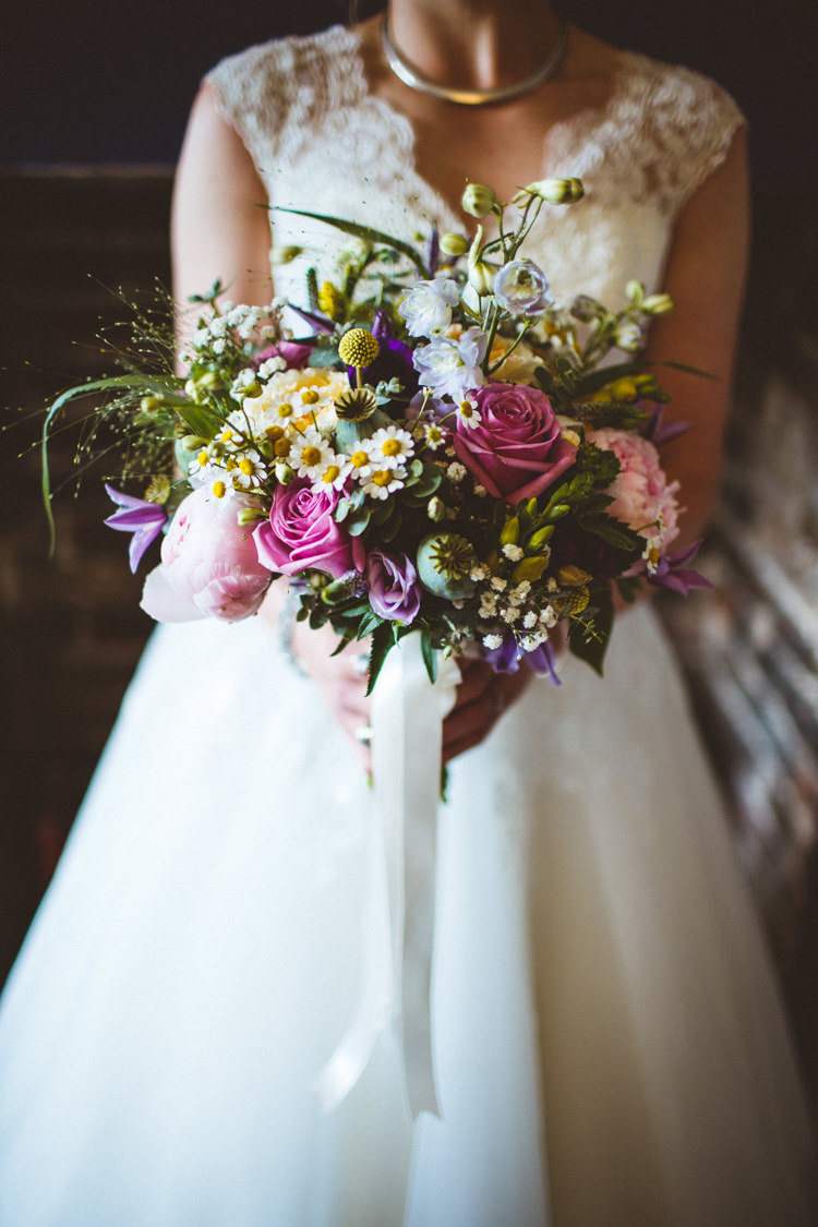Bouquet Flowers Bride Bridal Pink Yellow Purple Daisy Rose Peony Pretty DIY Outdoor Village Hall Wedding https://photography34.co.uk/