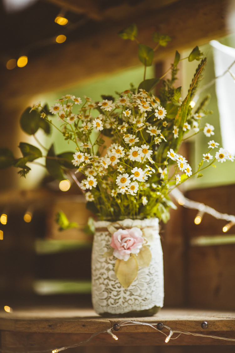Lace Jar Flowers Daisy Pretty DIY Outdoor Village Hall Wedding https://photography34.co.uk/