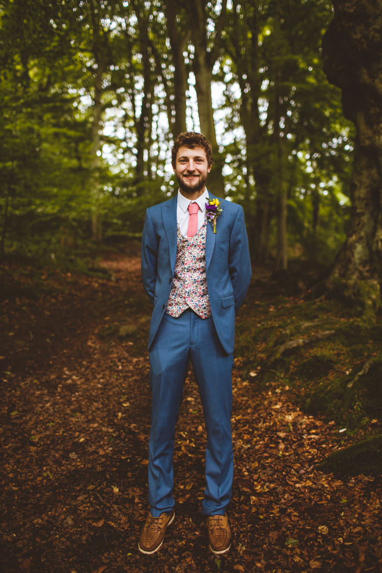 Blue Suit Groom Floral Waistcoat Pink Tie Pretty DIY Outdoor Village Hall Wedding https://photography34.co.uk/