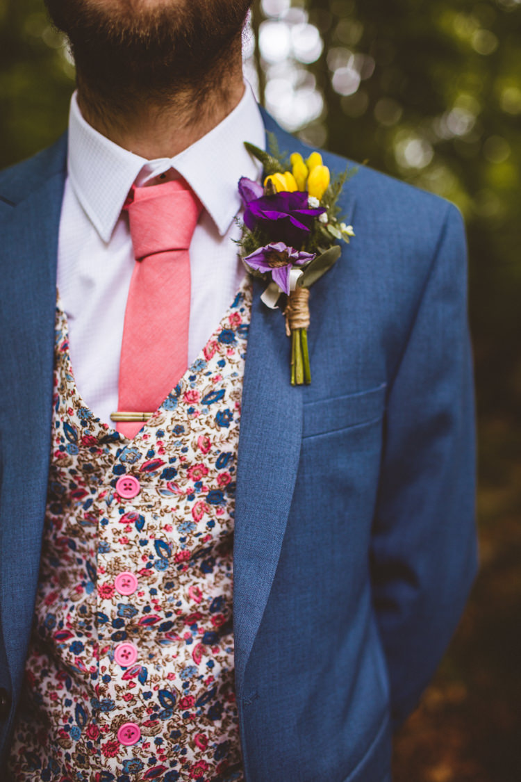 Yellow Purple Groom Buttonhole Floral Waistcoat Pink Tie Pretty DIY Outdoor Village Hall Wedding https://photography34.co.uk/