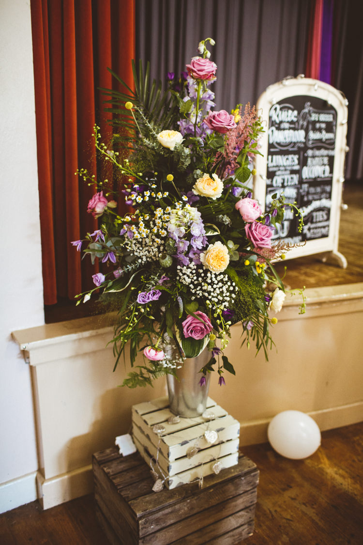 Crate Flower Arrangement Pink Yellow Pretty DIY Outdoor Village Hall Wedding https://photography34.co.uk/