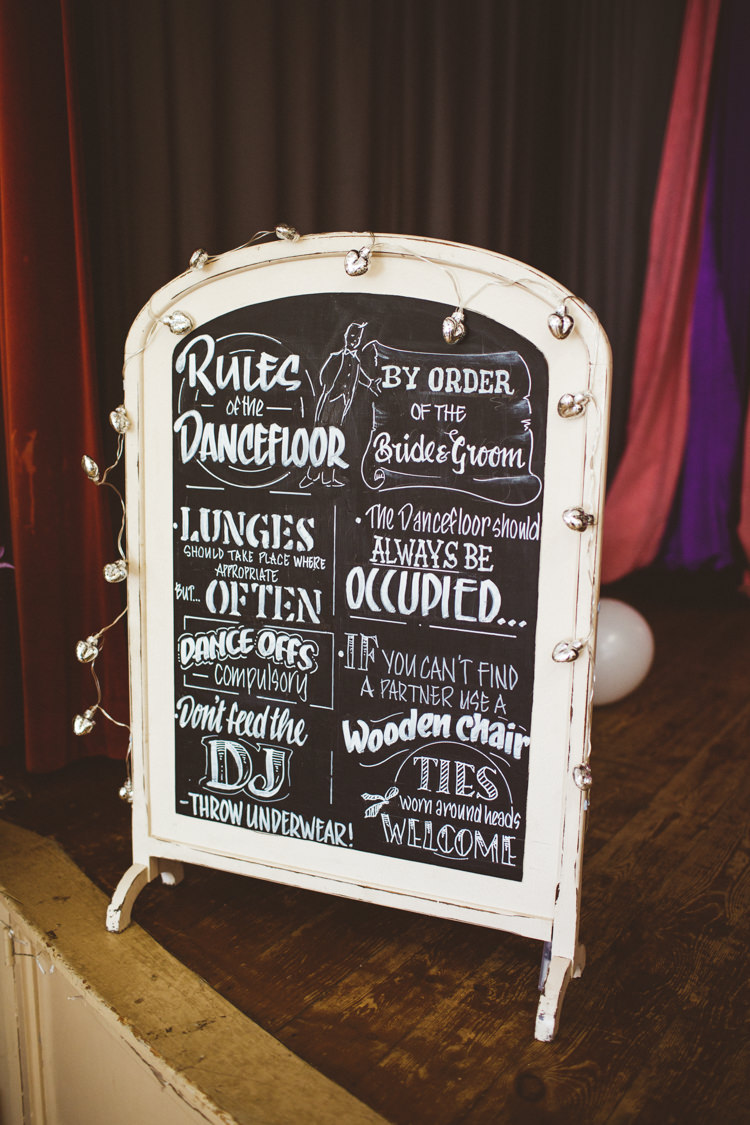 Dance Floor Rules Sign Black Chalk Board Pretty DIY Outdoor Village Hall Wedding https://photography34.co.uk/