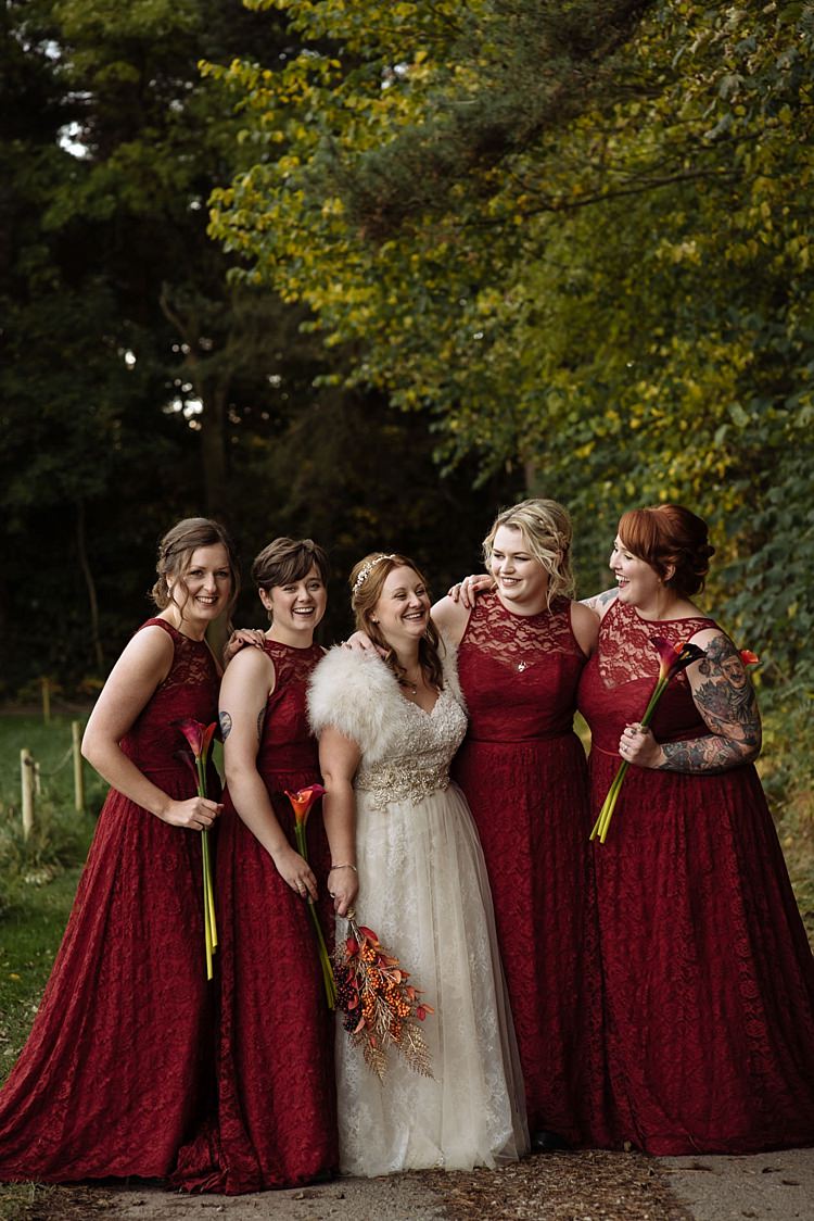 Long Lace Red Bridesmaid Dresses Outdoor Woodland Autumn Banquet Wedding http://toastofleeds.co.uk/