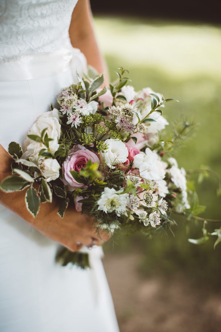 Bouquet Flowers Bride Bridal Pink White Foliage Greenery Roses Cotswolds Country House Marquee Wedding http://www.wearegatheredheretoday.com/