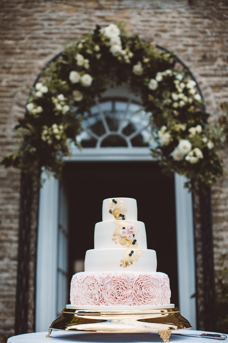 Cake Pink Ruffles Gold Leaf Cotswolds Country House Marquee Wedding http://www.wearegatheredheretoday.com/