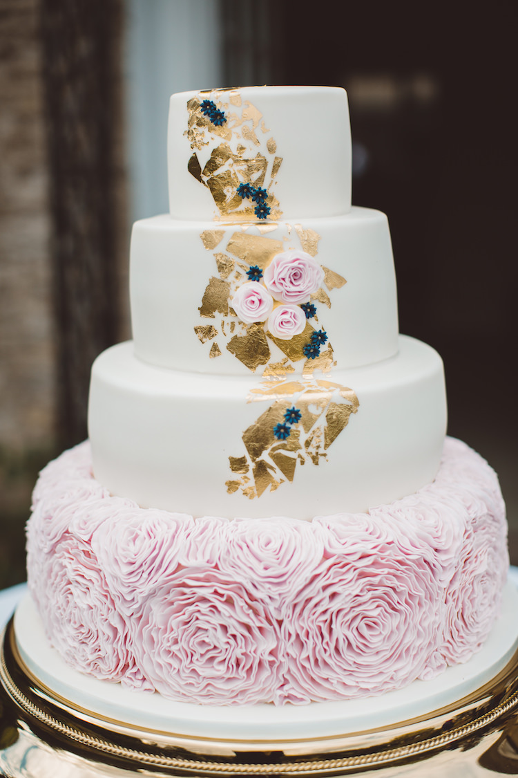 Pink Ruffle Gold Leaf Cake Cotswolds Country House Marquee Wedding http://www.wearegatheredheretoday.com/
