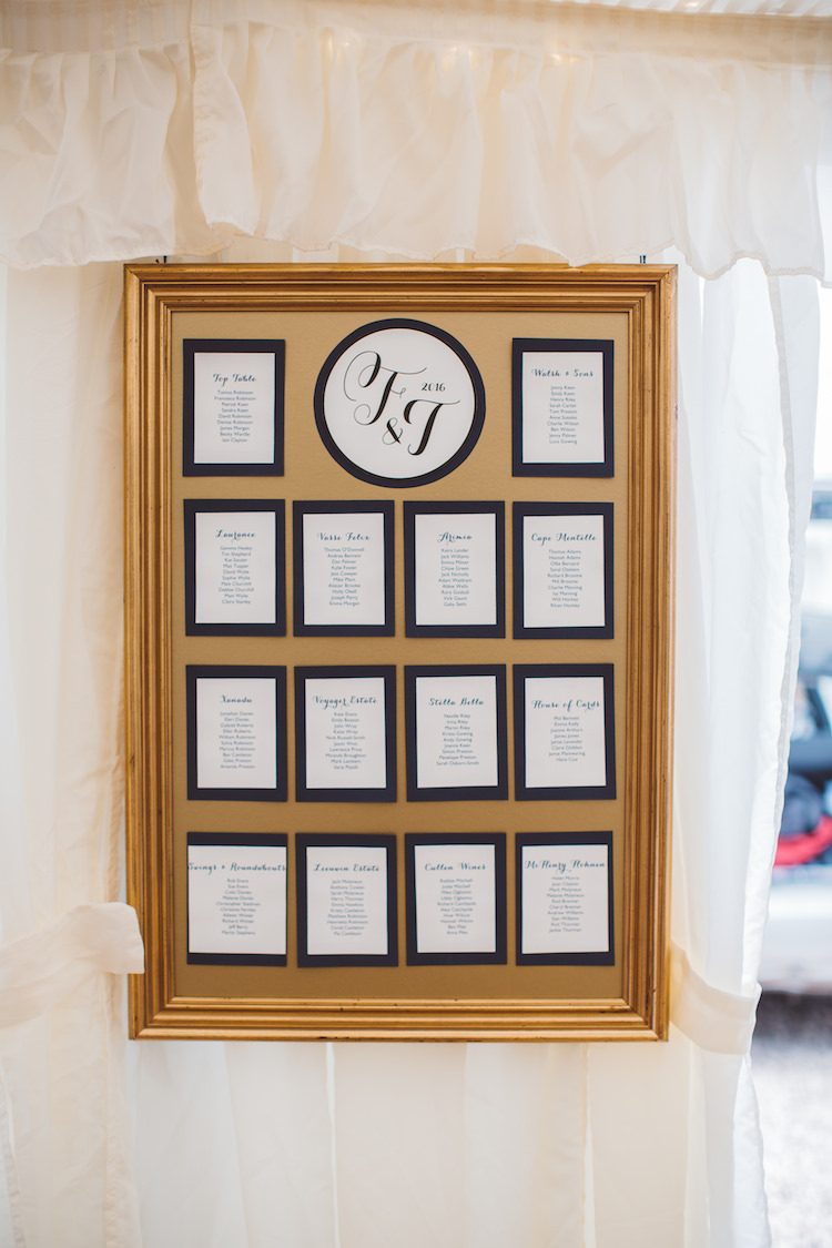 Navy Graphic Logo Frame Seating Plan Table Chart Cotswolds Country House Marquee Wedding http://www.wearegatheredheretoday.com/