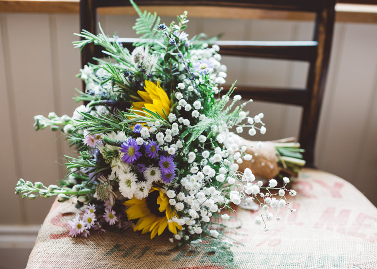 Sunflower Gypsophila Bouquet Flowers Natural Woodland Hessian Lace Wedding http://holliecarlinphotography.com/