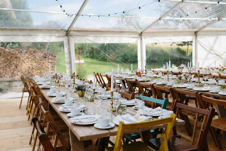 Clear Marquee Rustic Furniture Festoon Lighting Intimate Indie Woodland Wedding http://www.caroweiss.com/