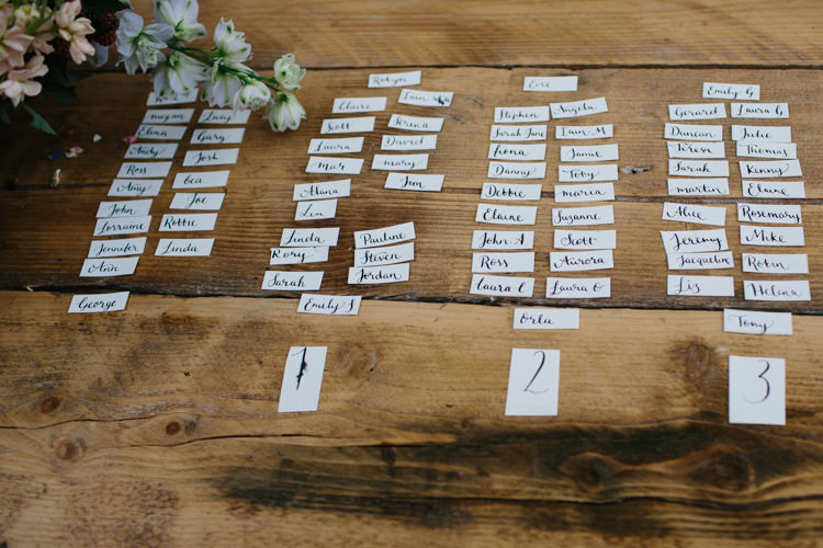 Calligraphy Seating Plan Table Chart Intimate Indie Woodland Wedding http://www.caroweiss.com/
