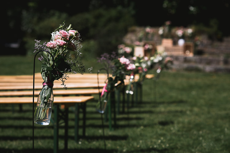 Sheppard Hook Flowers Jars Pink Aisle Ceremony Relaxed Outdoor City Park Festival Wedding http://kristianlevenphotography.co.uk/