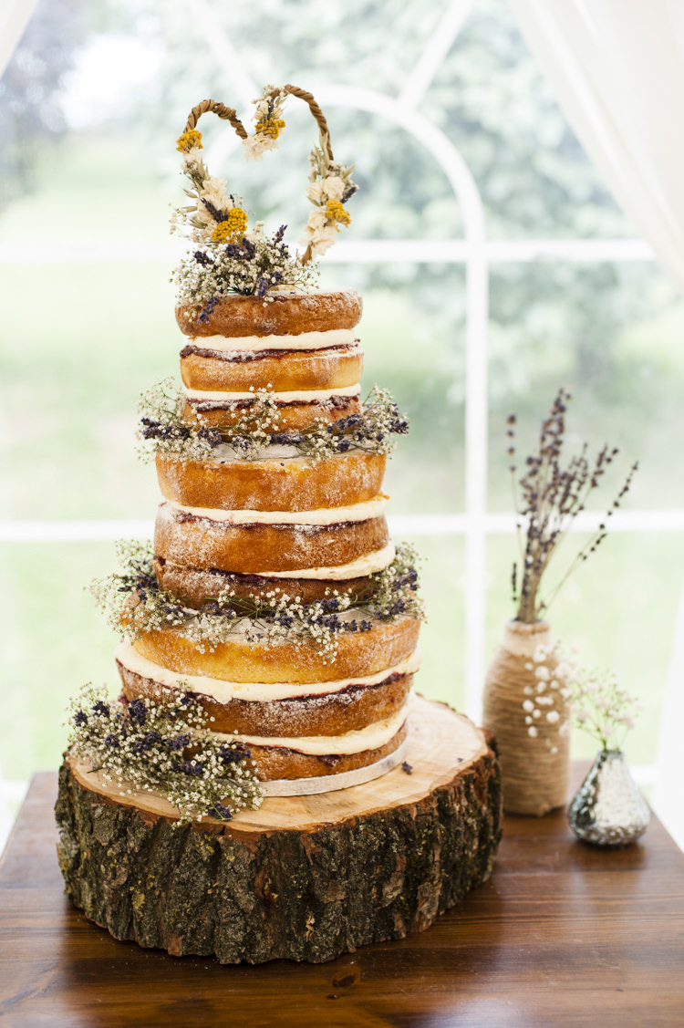 Naked Cake Sponge Tower Layer Fruit Flowers Log Whimsical Summery Lilac Wedding http://eleanorjaneweddings.co.uk/