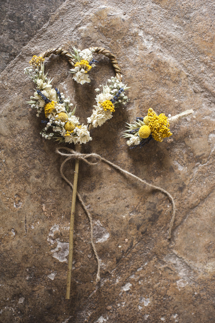 Dried Flower Wand Girl Buttonhole Whimsical Summery Lilac Wedding http://eleanorjaneweddings.co.uk/
