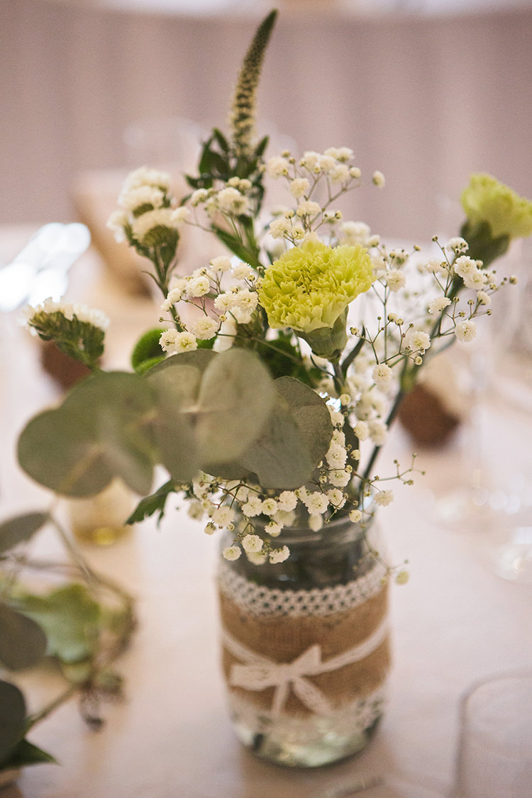 Hessian Jam Jar Florals Gypsophila Elegant Luxe Red Blue Winter Wedding http://www.bennicarolweddingphotography.com/